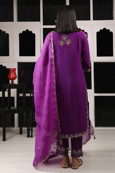 Shop House Of Supriya Purple Organza, Silk, Viscose, Georgette Embroidery, Autum Leaf Kurta Pant Set at Aza Fashions Shop_House Of Supriya_Purple Organza, Silk, Viscose, Georgette Embroidery, Autum Leaf Kurta Pant Set _at_Aza_Fashions