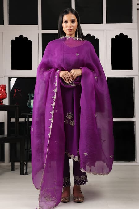 House Of Supriya Purple Organza, Silk, Viscose, Georgette Embroidery, Autum Leaf Kurta Pant Set Online at Aza Fashions House Of Supriya_Purple Organza, Silk, Viscose, Georgette Embroidery, Autum Leaf Kurta Pant Set _Online_at_Aza_Fashions