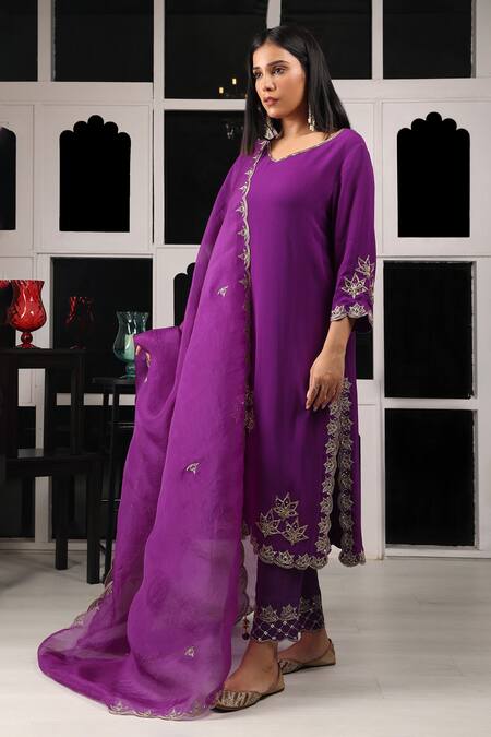 Buy House Of Supriya Purple Organza, Silk, Viscose, Georgette Embroidery, Autum Leaf Kurta Pant Set Online at Aza Fashions Buy_House Of Supriya_Purple Organza, Silk, Viscose, Georgette Embroidery, Autum Leaf Kurta Pant Set _Online_at_Aza_Fashions