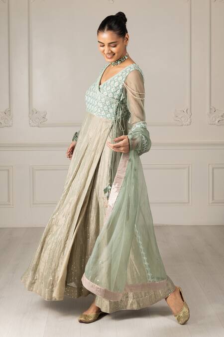 Buy_House Of Supriya_Green Organza, Crepe Embroidery V-neck Floral Bodice Angarkha Anarkali Set _Online_at_Aza_Fashions