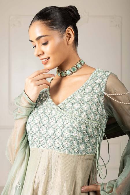 Shop_House Of Supriya_Green Organza, Crepe Embroidery V-neck Floral Bodice Angarkha Anarkali Set _Online_at_Aza_Fashions