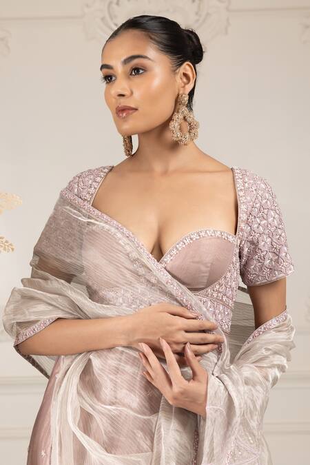 House Of Supriya Peach Organza, Crepe Beads, Embroidery Sweetheart Floral Anarkali Pant Set at Aza Fashions House Of Supriya_Peach Organza, Crepe Beads, Embroidery Sweetheart Floral Anarkali Pant Set _at_Aza_Fashions