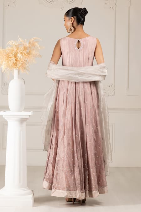 Shop House Of Supriya Peach Organza, Crepe, Brocade Sequins, Beads Butti Embroidered Anarkali Pant Set at Aza Fashions Shop_House Of Supriya_Peach Organza, Crepe, Brocade Sequins, Beads Butti Embroidered Anarkali Pant Set _at_Aza_Fashions