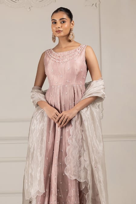 House Of Supriya Peach Organza, Crepe, Brocade Sequins, Beads Butti Embroidered Anarkali Pant Set Online at Aza Fashions House Of Supriya_Peach Organza, Crepe, Brocade Sequins, Beads Butti Embroidered Anarkali Pant Set _Online_at_Aza_Fashions