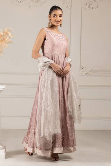 Shop House Of Supriya Peach Organza, Crepe, Brocade Sequins, Beads Butti Embroidered Anarkali Pant Set Online at Aza Fashions Shop_House Of Supriya_Peach Organza, Crepe, Brocade Sequins, Beads Butti Embroidered Anarkali Pant Set _Online_at_Aza_Fashions