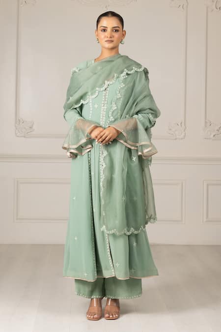 HOUSE OF SUPRIYA Green Kurta Silk Georgette Embroidery Sequins V Neck Butti Pant Set 