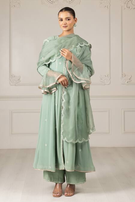 House Of Supriya Green Silk, Georgette, Organza, Crepe Sequins, Beads, Butti Kurta Pant Set Online at Aza Fashions House Of Supriya_Green Silk, Georgette, Organza, Crepe Sequins, Beads, Butti Kurta Pant Set _Online_at_Aza_Fashions