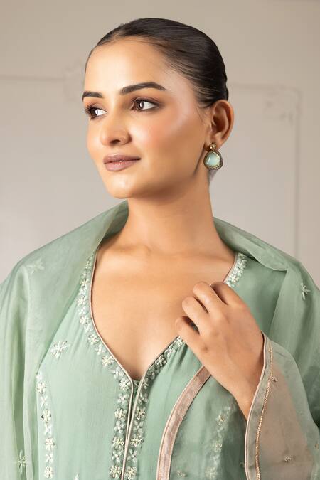 House Of Supriya Green Silk, Georgette, Organza, Crepe Sequins, Beads, Butti Kurta Pant Set at Aza Fashions House Of Supriya_Green Silk, Georgette, Organza, Crepe Sequins, Beads, Butti Kurta Pant Set _at_Aza_Fashions