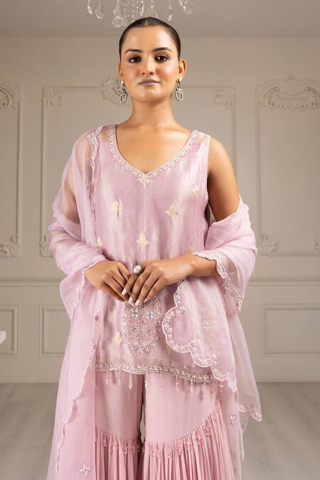 House Of Supriya Purple Organza, Silk, Georgette Embroidery, Floral Short Kurta Sharara Set at Aza Fashions House Of Supriya_Purple Organza, Silk, Georgette Embroidery, Floral Short Kurta Sharara Set _at_Aza_Fashions
