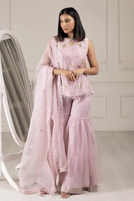 House Of Supriya Purple Organza, Chanderi Embroidery, Sequins, Flower Short Kurta Sharara Set Online at Aza Fashions House Of Supriya_Purple Organza, Chanderi Embroidery, Sequins, Flower Short Kurta Sharara Set _Online_at_Aza_Fashions