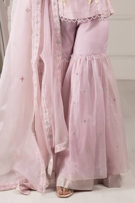 Buy House Of Supriya Purple Organza, Chanderi Embroidery, Sequins, Flower Short Kurta Sharara Set Online at Aza Fashions Buy_House Of Supriya_Purple Organza, Chanderi Embroidery, Sequins, Flower Short Kurta Sharara Set _Online_at_Aza_Fashions