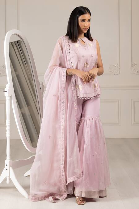 Shop House Of Supriya Purple Organza, Chanderi Embroidery, Sequins, Flower Short Kurta Sharara Set Online at Aza Fashions Shop_House Of Supriya_Purple Organza, Chanderi Embroidery, Sequins, Flower Short Kurta Sharara Set _Online_at_Aza_Fashions