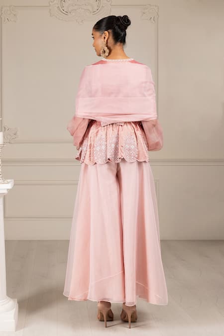 Shop House Of Supriya Peach Organza Beads, Cut Work, Sequins Embroidered Peplum Kurta Sharara Set at Aza Fashions Shop_House Of Supriya_Peach Organza Beads, Cut Work, Sequins Embroidered Peplum Kurta Sharara Set _at_Aza_Fashions