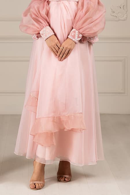 House Of Supriya Peach Organza Beads, Cut Work, Sequins Embroidered Peplum Kurta Sharara Set Online at Aza Fashions House Of Supriya_Peach Organza Beads, Cut Work, Sequins Embroidered Peplum Kurta Sharara Set _Online_at_Aza_Fashions