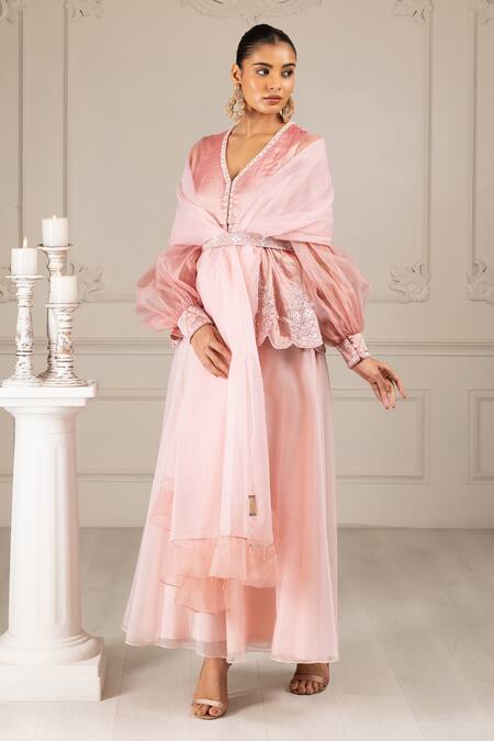 Buy House Of Supriya Peach Organza Beads, Cut Work, Sequins Embroidered Peplum Kurta Sharara Set Online at Aza Fashions Buy_House Of Supriya_Peach Organza Beads, Cut Work, Sequins Embroidered Peplum Kurta Sharara Set _Online_at_Aza_Fashions