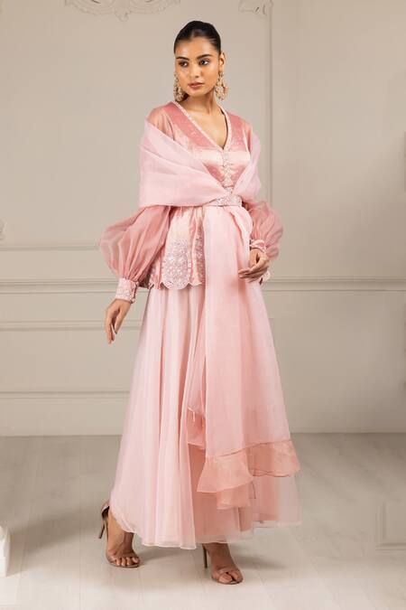 Shop House Of Supriya Peach Organza Beads, Cut Work, Sequins Embroidered Peplum Kurta Sharara Set Online at Aza Fashions Shop_House Of Supriya_Peach Organza Beads, Cut Work, Sequins Embroidered Peplum Kurta Sharara Set _Online_at_Aza_Fashions