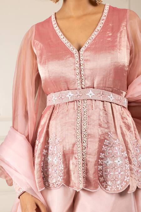 House Of Supriya Peach Organza Beads, Cut Work, Sequins Embroidered Peplum Kurta Sharara Set at Aza Fashions House Of Supriya_Peach Organza Beads, Cut Work, Sequins Embroidered Peplum Kurta Sharara Set _at_Aza_Fashions