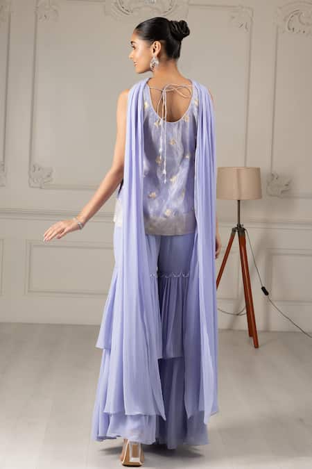 Shop House Of Supriya Blue Organza, Silk, Georgette Flower Butti Embroidered Short Kurta Sharara Set at Aza Fashions Shop_House Of Supriya_Blue Organza, Silk, Georgette Flower Butti Embroidered Short Kurta Sharara Set _at_Aza_Fashions