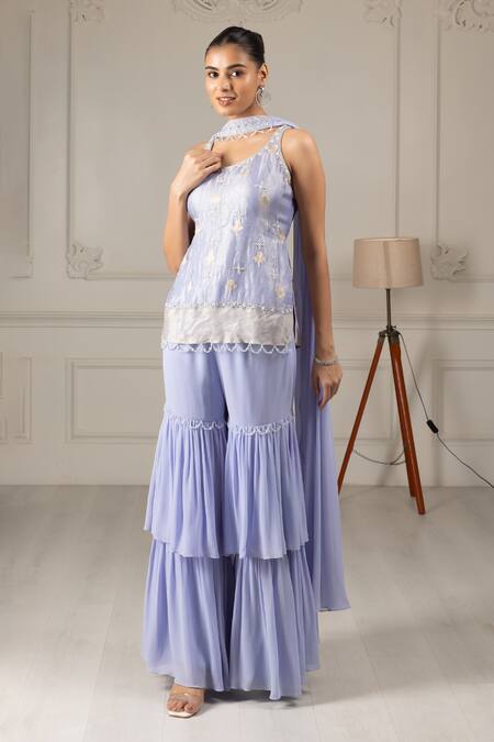 House Of Supriya Blue Organza, Silk, Georgette Flower Butti Embroidered Short Kurta Sharara Set Online at Aza Fashions House Of Supriya_Blue Organza, Silk, Georgette Flower Butti Embroidered Short Kurta Sharara Set _Online_at_Aza_Fashions