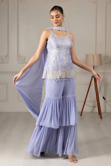 Buy House Of Supriya Blue Organza, Silk, Georgette Flower Butti Embroidered Short Kurta Sharara Set Online at Aza Fashions Buy_House Of Supriya_Blue Organza, Silk, Georgette Flower Butti Embroidered Short Kurta Sharara Set _Online_at_Aza_Fashions