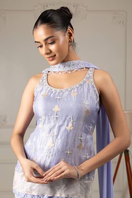 Shop House Of Supriya Blue Organza, Silk, Georgette Flower Butti Embroidered Short Kurta Sharara Set Online at Aza Fashions Shop_House Of Supriya_Blue Organza, Silk, Georgette Flower Butti Embroidered Short Kurta Sharara Set _Online_at_Aza_Fashions