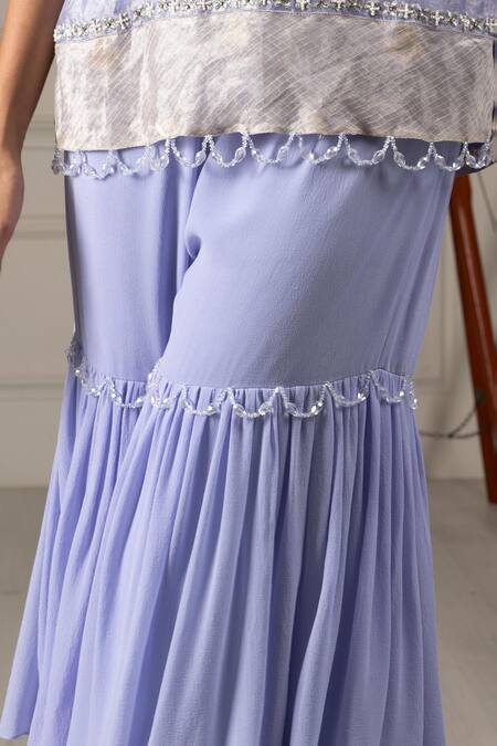 House Of Supriya Blue Organza, Silk, Georgette Flower Butti Embroidered Short Kurta Sharara Set at Aza Fashions House Of Supriya_Blue Organza, Silk, Georgette Flower Butti Embroidered Short Kurta Sharara Set _at_Aza_Fashions