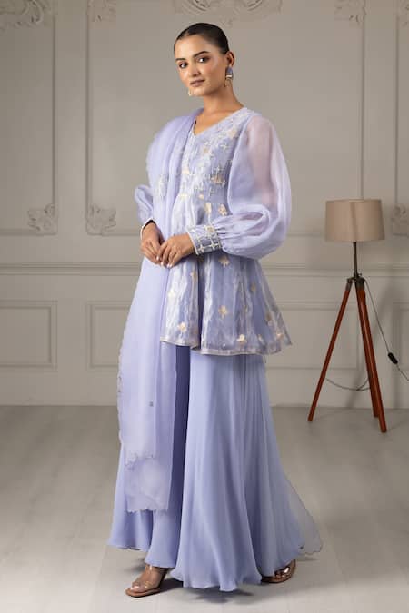 Buy_House Of Supriya_Blue Organza, Silk, Georgette Beads, Embroidered Puff Sleeve Kurta Sharara Set _Online_at_Aza_Fashions