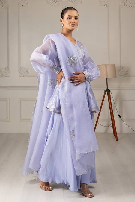 Shop_House Of Supriya_Blue Organza, Silk, Georgette Beads, Embroidered Puff Sleeve Kurta Sharara Set _Online_at_Aza_Fashions