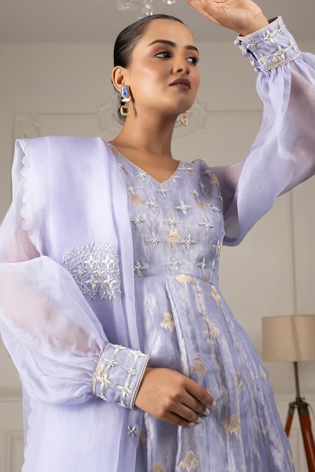 House Of Supriya_Blue Organza, Silk, Georgette Beads, Embroidered Puff Sleeve Kurta Sharara Set _at_Aza_Fashions