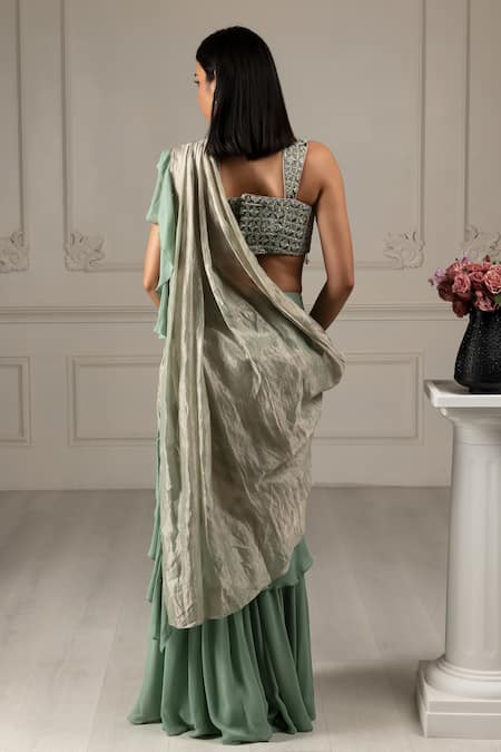 Shop_House Of Supriya_Green Silk, Georgette, Organza Beads, Cut Floral Embroidered Blouse Sharara Set _at_Aza_Fashions