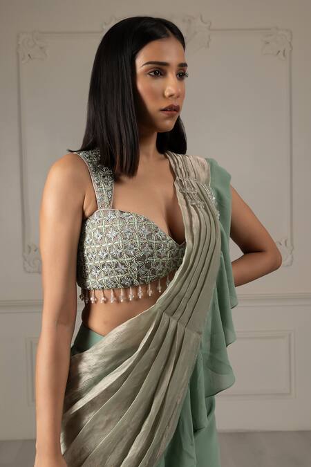 Shop_House Of Supriya_Green Silk, Georgette, Organza Beads, Cut Floral Embroidered Blouse Sharara Set _Online_at_Aza_Fashions