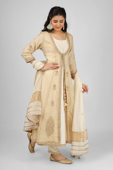 House Of Supriya Ivory Chanderi, , Cotton Satin, Organza, Floral Butti Jacket Pant Set Online at Aza Fashions House Of Supriya_Ivory Chanderi, , Cotton Satin, Organza, Floral Butti Jacket Pant Set _Online_at_Aza_Fashions