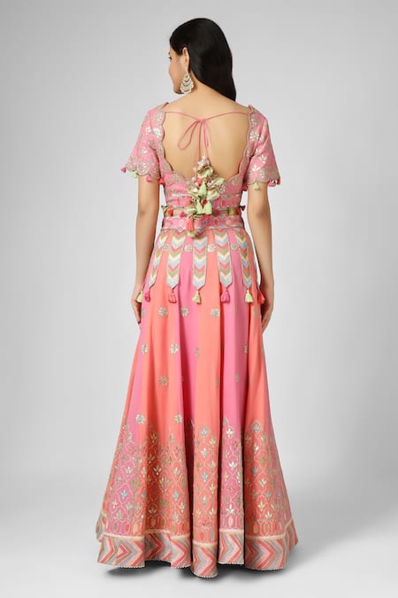 Shop House Of Supriya Pink Silk, Georgette, Organza Embroidery Scoop Neck Floral Hand Lehenga Set at Aza Fashions Shop_House Of Supriya_Pink Silk, Georgette, Organza Embroidery Scoop Neck Floral Hand Lehenga Set _at_Aza_Fashions