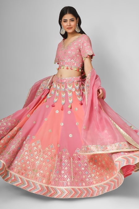 House Of Supriya Pink Silk, Georgette, Organza Embroidery Scoop Neck Floral Hand Lehenga Set Online at Aza Fashions House Of Supriya_Pink Silk, Georgette, Organza Embroidery Scoop Neck Floral Hand Lehenga Set _Online_at_Aza_Fashions