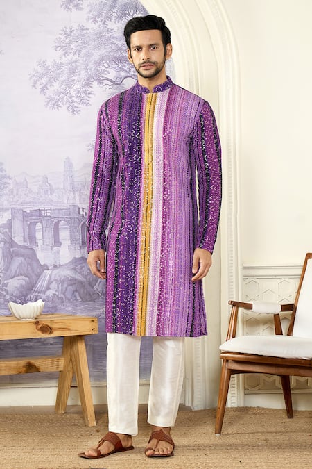 Kasbah x AZA Purple Georgette, Cotton Embroidery, Sequins Stripe Print Kurta Set Online at Aza Fashions Kasbah x AZA_Purple Georgette, Cotton Embroidery, Sequins Stripe Print Kurta Set _Online_at_Aza_Fashions