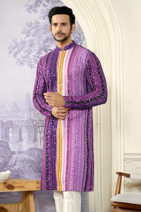 Buy Kasbah x AZA Purple Georgette, Cotton Embroidery, Sequins Stripe Print Kurta Set Online at Aza Fashions Buy_Kasbah x AZA_Purple Georgette, Cotton Embroidery, Sequins Stripe Print Kurta Set _Online_at_Aza_Fashions