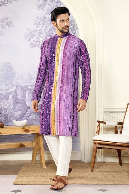 Shop Kasbah x AZA Purple Georgette, Cotton Embroidery, Sequins Stripe Print Kurta Set Online at Aza Fashions Shop_Kasbah x AZA_Purple Georgette, Cotton Embroidery, Sequins Stripe Print Kurta Set _Online_at_Aza_Fashions
