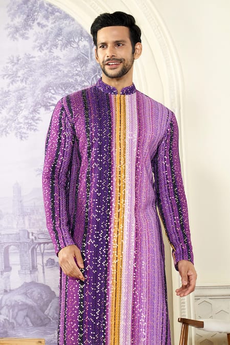 Kasbah x AZA Purple Georgette, Cotton Embroidery, Sequins Stripe Print Kurta Set at Aza Fashions Kasbah x AZA_Purple Georgette, Cotton Embroidery, Sequins Stripe Print Kurta Set _at_Aza_Fashions