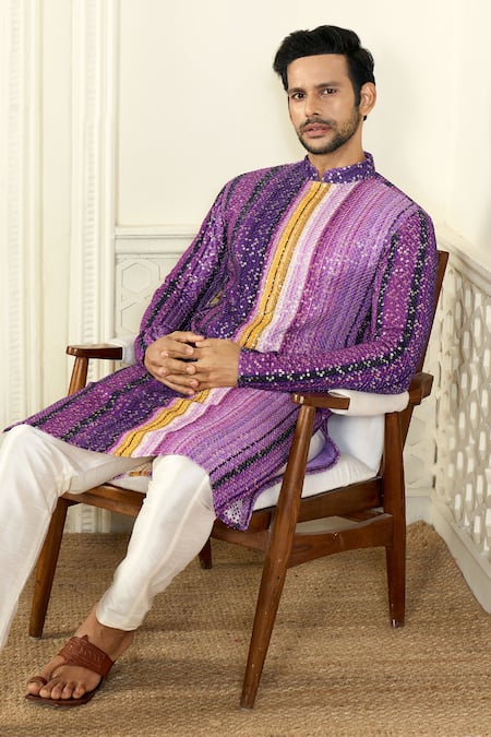 Buy Kasbah x AZA Purple Georgette, Cotton Embroidery, Sequins Stripe Print Kurta Set Buy_Kasbah x AZA_Purple Georgette, Cotton Embroidery, Sequins Stripe Print Kurta Set