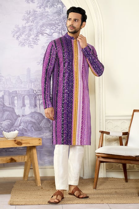 Shop Kasbah x AZA Purple Georgette, Cotton Embroidery, Sequins Stripe Print Kurta Set Shop_Kasbah x AZA_Purple Georgette, Cotton Embroidery, Sequins Stripe Print Kurta Set