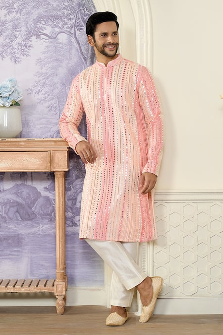 Kasbah x AZA Pink Georgette Printed And Embroidered Stripe Thread & Foil Work Kurta Set