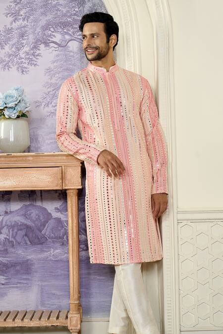 Kasbah_Pink Georgette Embroidery, Sequins Stripe Print Kurta Set_Online_at_Aza_Fashions