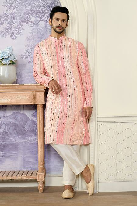 Buy_Kasbah_Pink Georgette Embroidery, Sequins Stripe Print Kurta Set_Online_at_Aza_Fashions