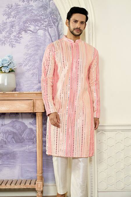 Shop_Kasbah_Pink Georgette Embroidery, Sequins Stripe Print Kurta Set_Online_at_Aza_Fashions