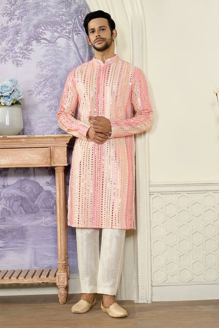 Kasbah_Pink Georgette Embroidery, Sequins Stripe Print Kurta Set_at_Aza_Fashions