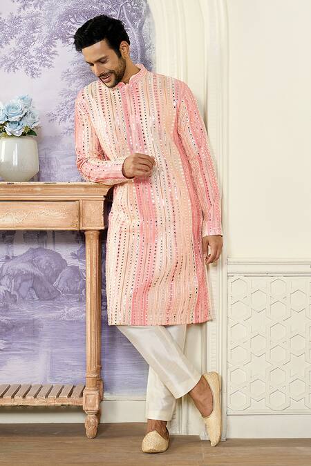Buy_Kasbah_Pink Georgette Embroidery, Sequins Stripe Print Kurta Set