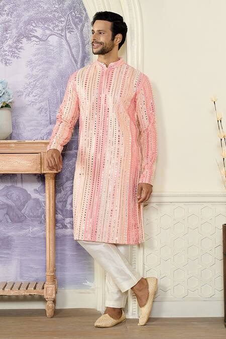 Shop_Kasbah_Pink Georgette Embroidery, Sequins Stripe Print Kurta Set