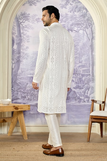 Shop_Kasbah X AZA_White Georgette, Cotton Embroidery Chikankari Thread Kurta Set _at_Aza_Fashions