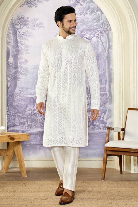 Kasbah X AZA_White Georgette, Cotton Embroidery Chikankari Thread Kurta Set _Online_at_Aza_Fashions