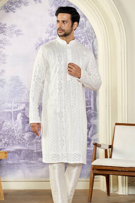 Buy_Kasbah X AZA_White Georgette, Cotton Embroidery Chikankari Thread Kurta Set _Online_at_Aza_Fashions
